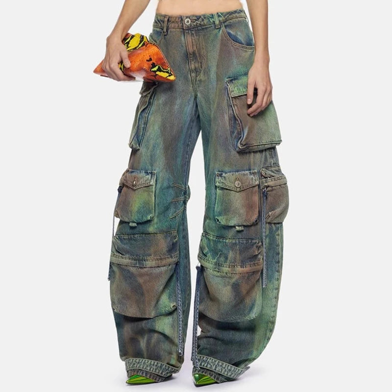 Tie-Dye Washed Denim Cropped Tank Top + Cargo Multi-Pocket Loose  Streetwear Jeans OR Skirt/ Women's 2-Piece Sets