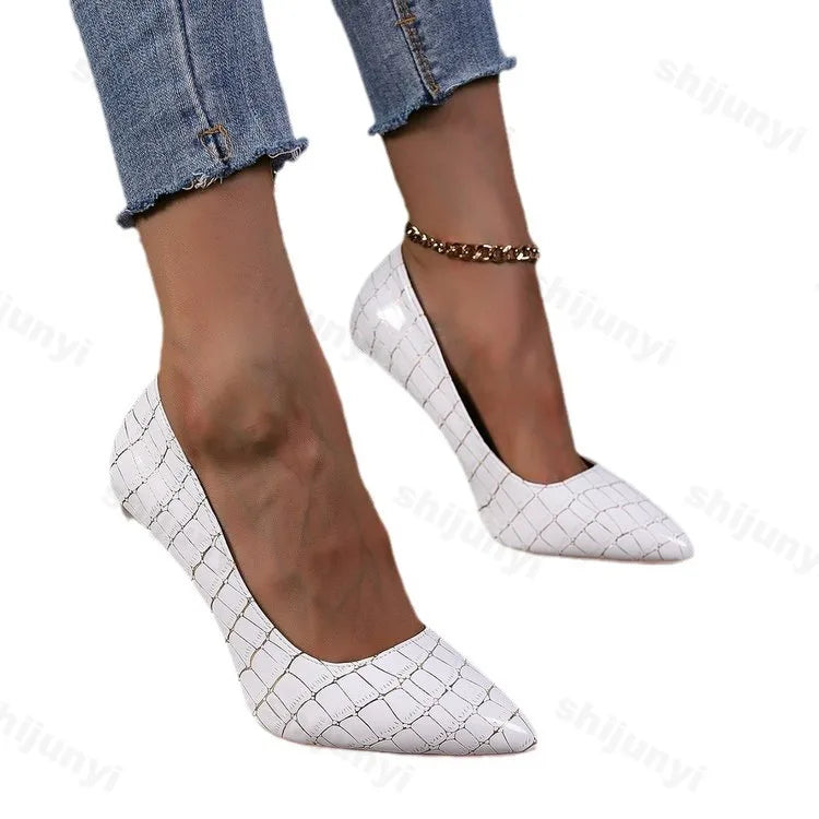 Croc Pattern Pointed Toe Gold Metal Thin Stiletto Heel Women's Pumps