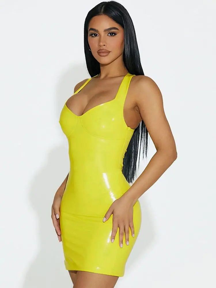 PU Leather Shiny Sleeveless PVC Deep V-Neck Camisole Dress