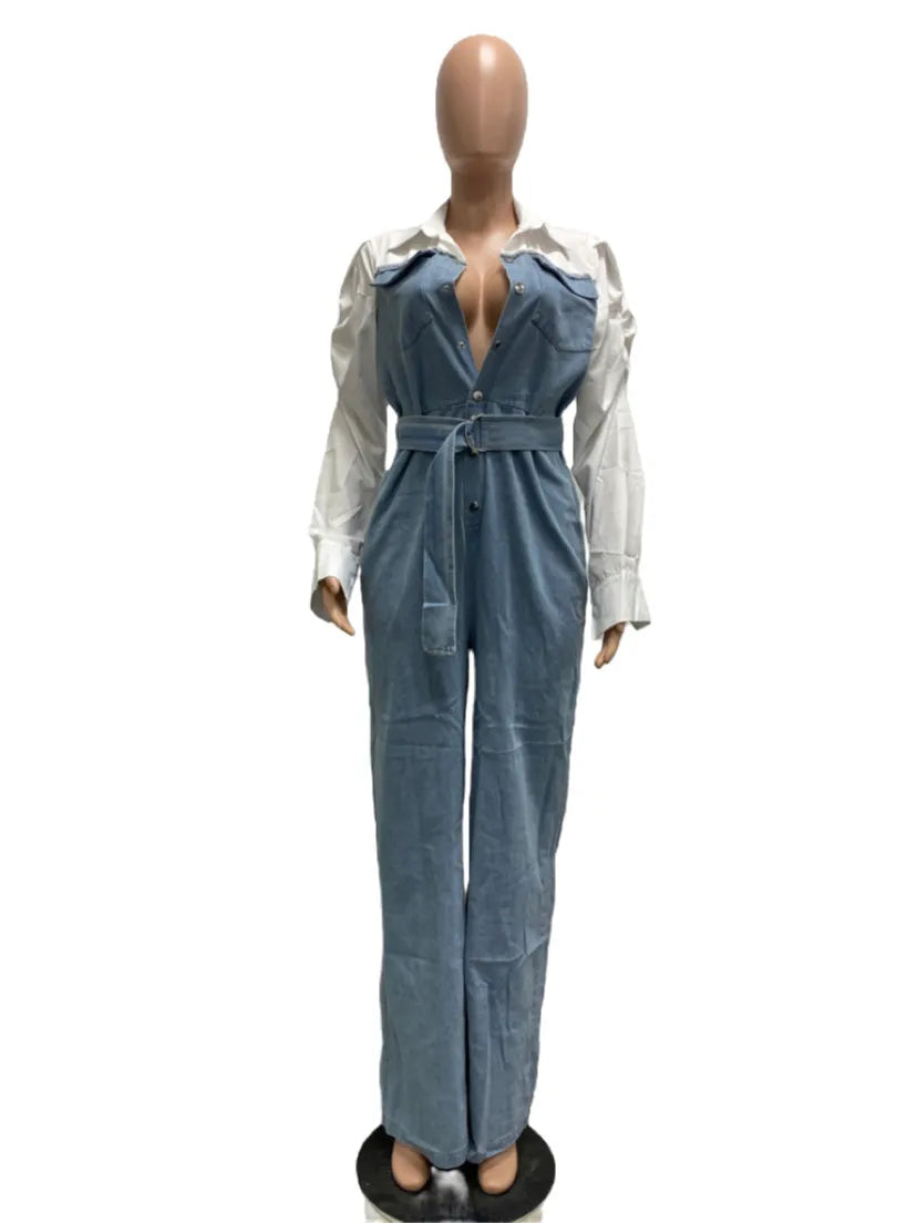 Denim Patchwork Loose Women's Jumpsuit w/ Belt