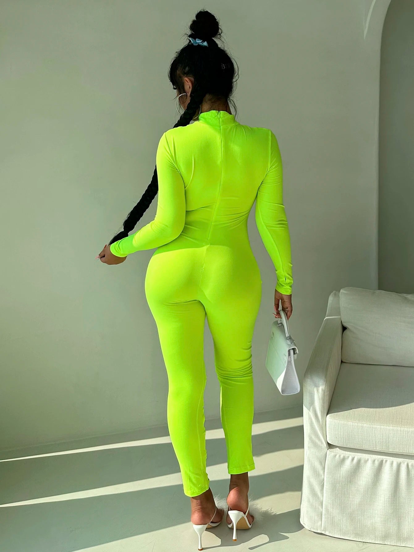 Metal Ring Detail Turtleneck Hollow-Out Long-Sleeve Solid Color Women's Jumpsuit