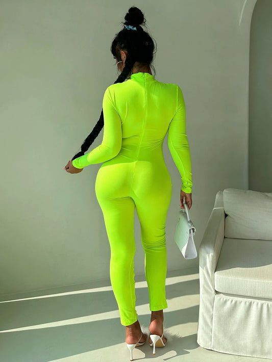 Metal Ring Detail Turtleneck Hollow-Out Long-Sleeve Solid Color Women's Jumpsuit