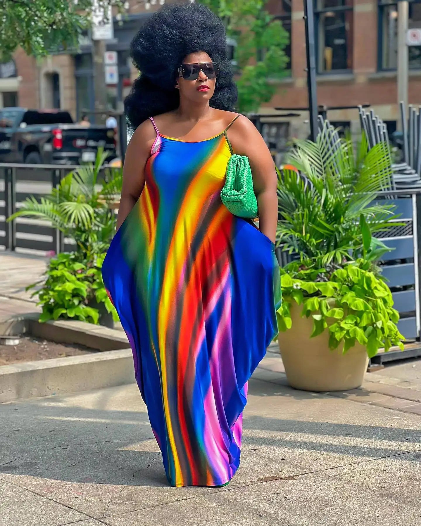 Rainbow Striped Colorblock Ruched Ruffled Sleeveless Print Harem Maxi Dress to 5X Plus Size