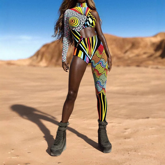 Irregular Asymmetrical One Sleeve Rainbow Geometric Striped Floral Hollow-Out 3D Print One Leg Jumpsuit to 3X Plus Size