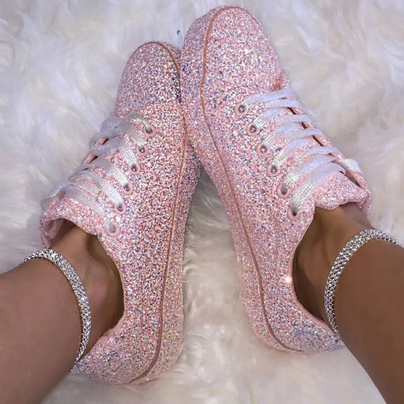 Glitter Lace Up Glitter Flat Vulcanized Ladies  Sneakers