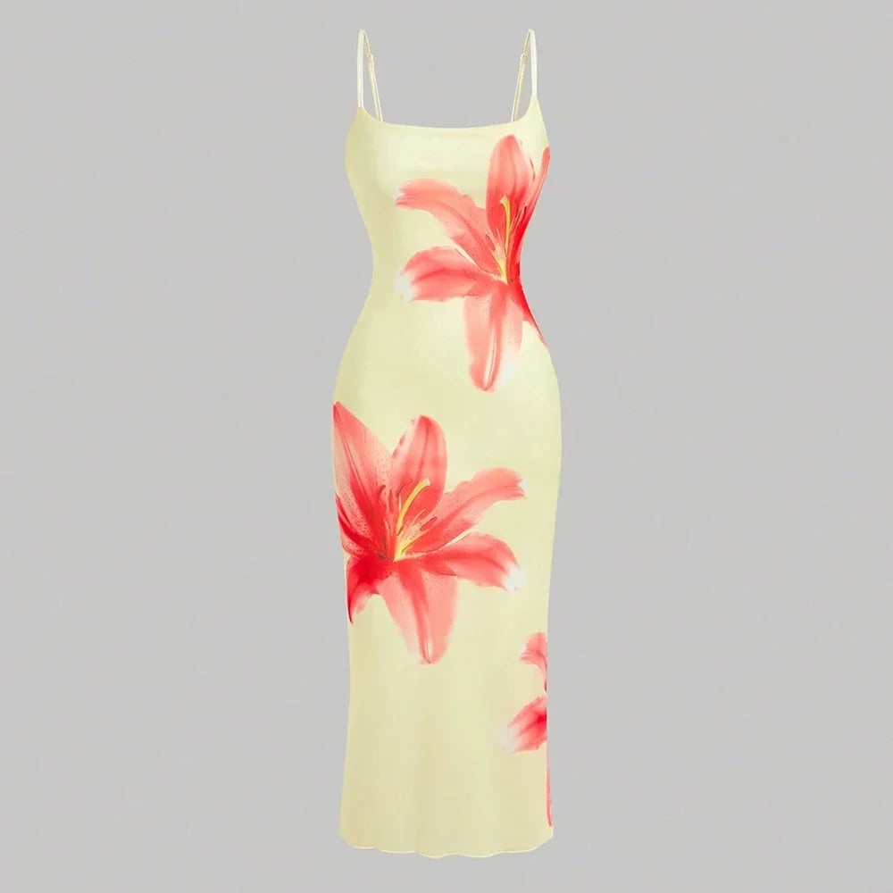 Black/Pink Sleeveless Flower Print Square Neck Spaghetti Strap Maxi Dress