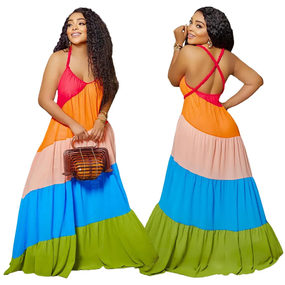 Rainbow Colorblock Bohemian Sleeveless Backless Halter Ruffled Hem Maxi Swing Dress