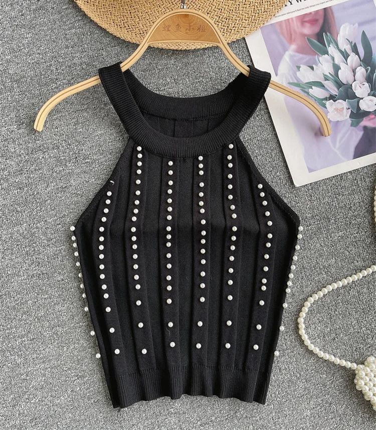 Pearl Embelished Women's Backless Sleeveless Halter Streetwear Mini Knitted Tank Top