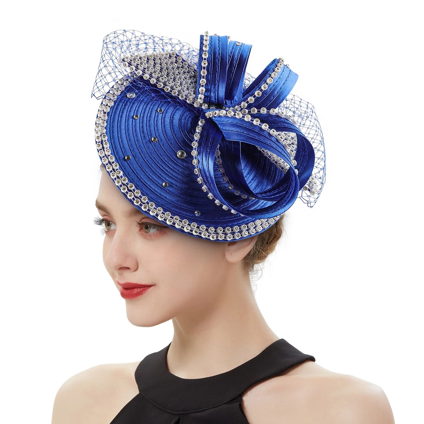 Satin Rhinestone Big Bow Detail Slanted Women's Church/Bridal/Derby Fedora Hat