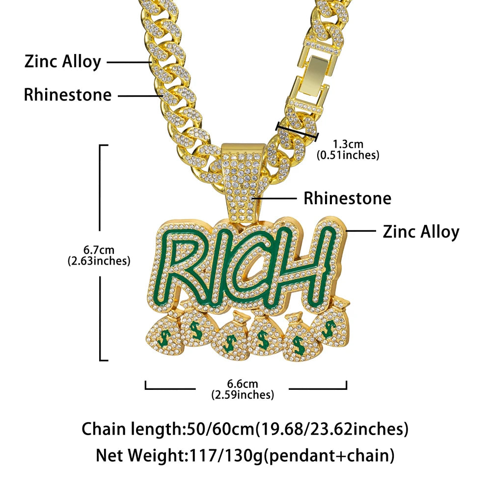"Rich" Rhinestone Money Bag Pendant 13mm Miami Cuban Link Chain Necklace