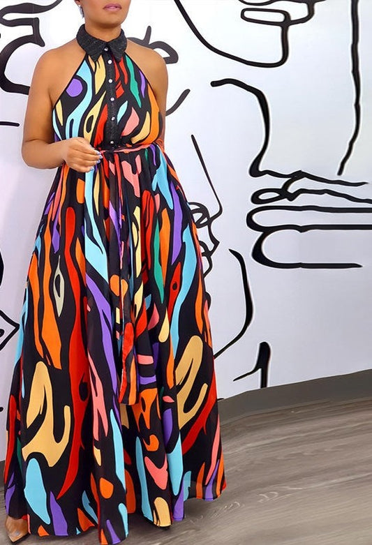 Multicolored Printed Halter w/ Belt Maxi Dress