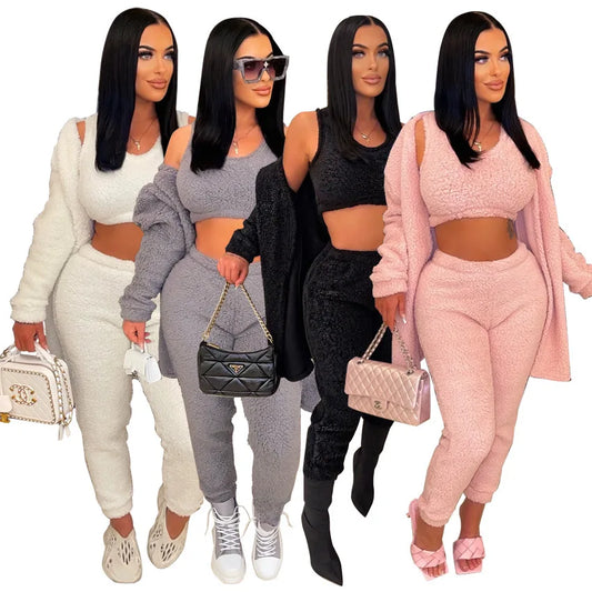 Solid Fleece Fuzzy Open Front Maxi  Cardigan Jacket, Crop Tank Top + Stretch Jogger Pants Women's 3-Piece Set