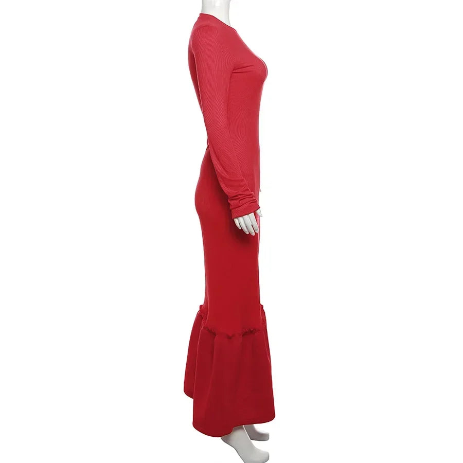 Red Patchwork Ribbed Bodycon O-Neck Ruffled Hem Long Sleeve Maxi Dress