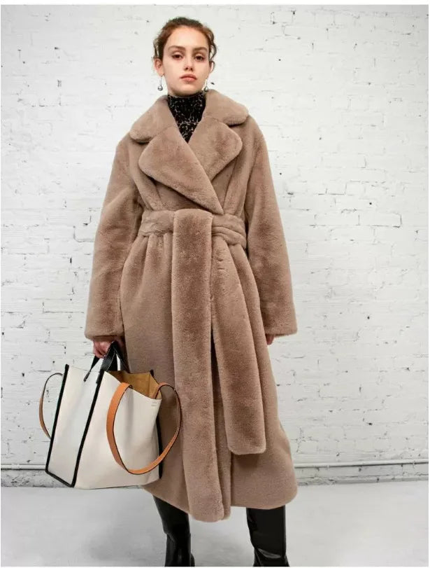 Plush Faux Fur Turn-Down Collar Solid Color Women's Loose Trenchcoat w/ Sash Belt to 5X Plus Size