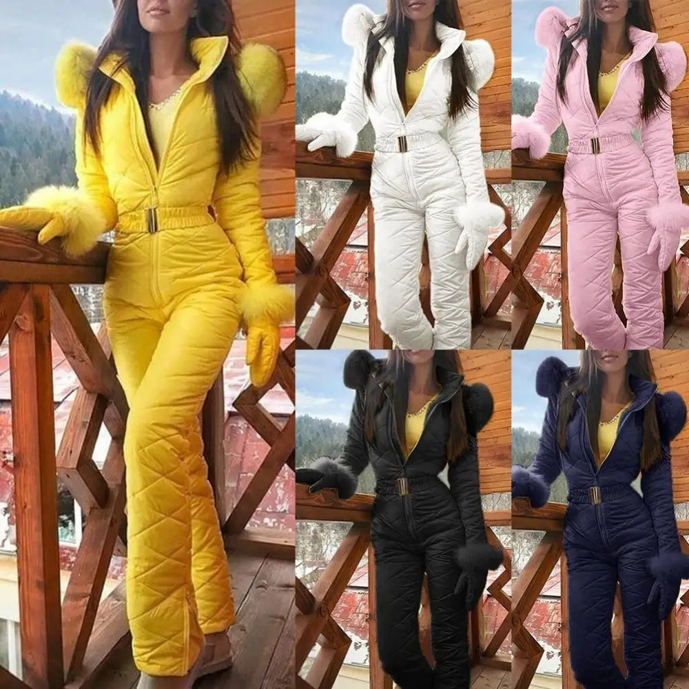 Faux Fur Collar Fleece Zipper Skiing Hooded Women's Jumpsuit