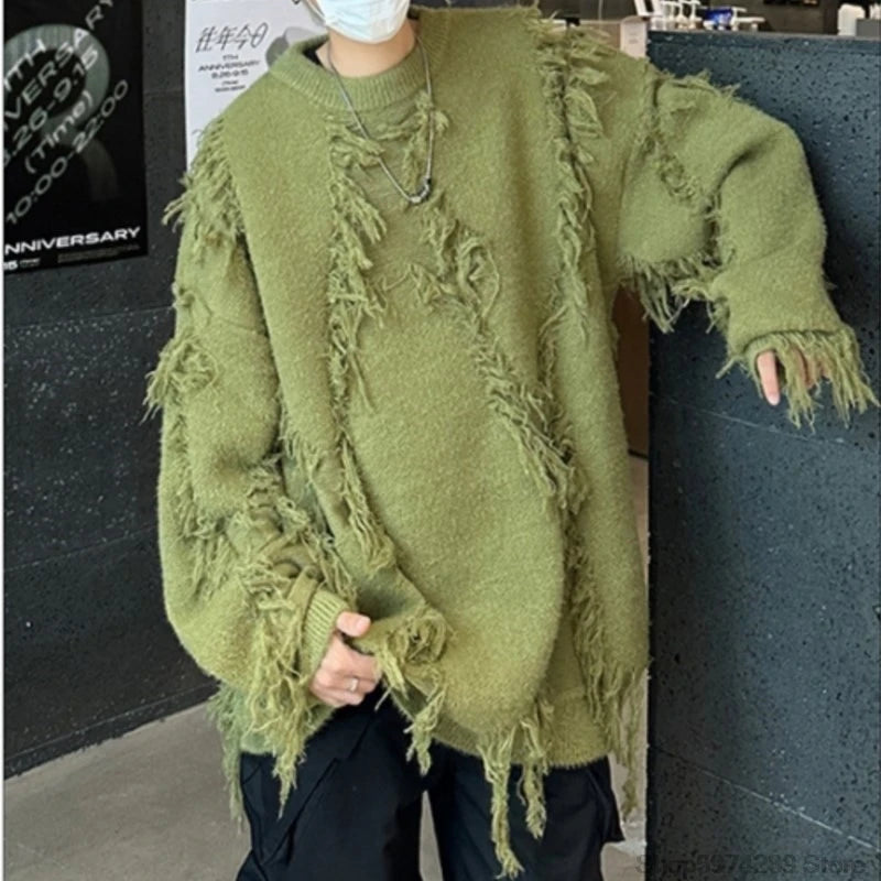 Men's Ripped Oversized Tassels Fringe Women's Streetwear Pullover Knitted O-Neck Sweaters