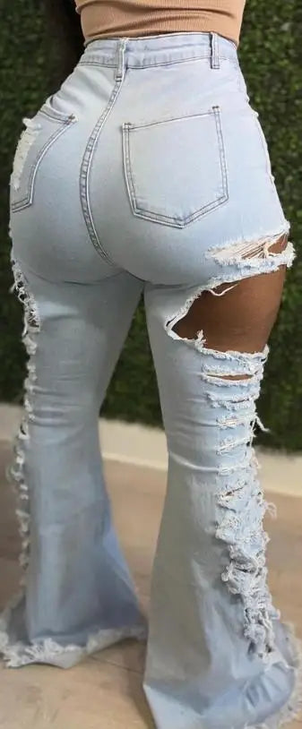 Baby Blue Ripped Denim Hollow-Out High Slit Design Bootcut Flared Women's Jeans