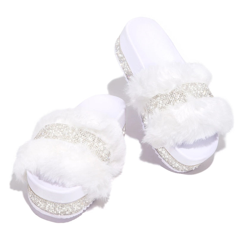 Furry Rhinestone Platform Slipper Slides