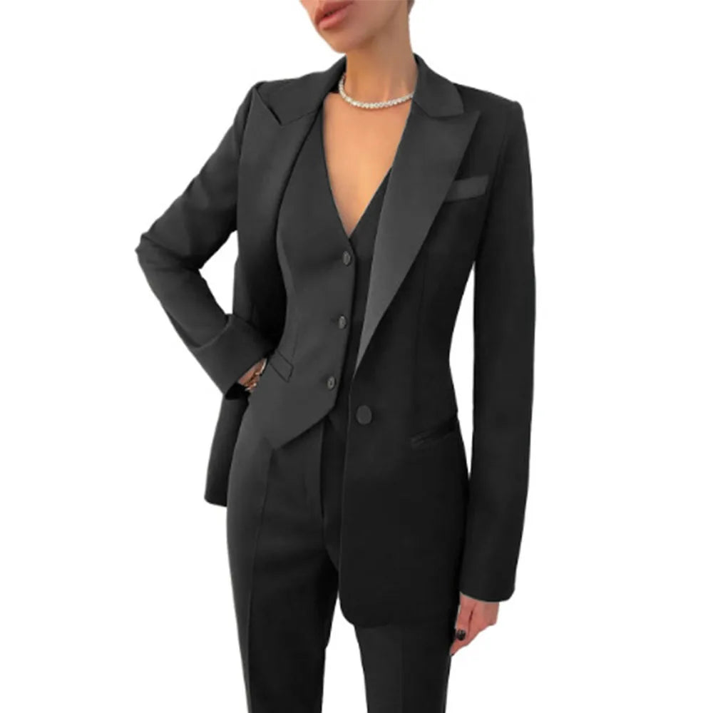 Solid Color Women's Tuxedo Blazer Jacket + Button-Up Vest + Pants 3-Piece Formal Wedding/Party Suit