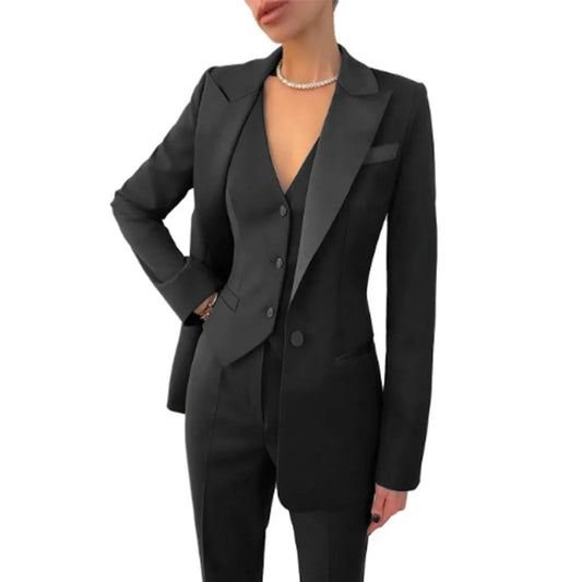 Solid Color Women's Tuxedo Blazer Jacket + Button-Up Vest + Pants 3-Piece Formal Wedding/Party Suit