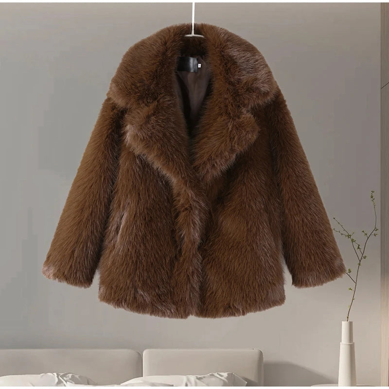 Plush Faux Fur Women's Solid Color Thick Teddy Coat