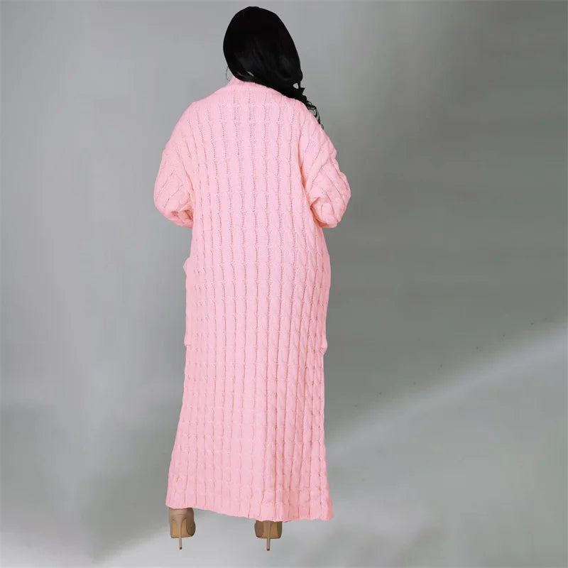 Knitted Weave Pattern Ribbed Maxi Cardigan Sweater