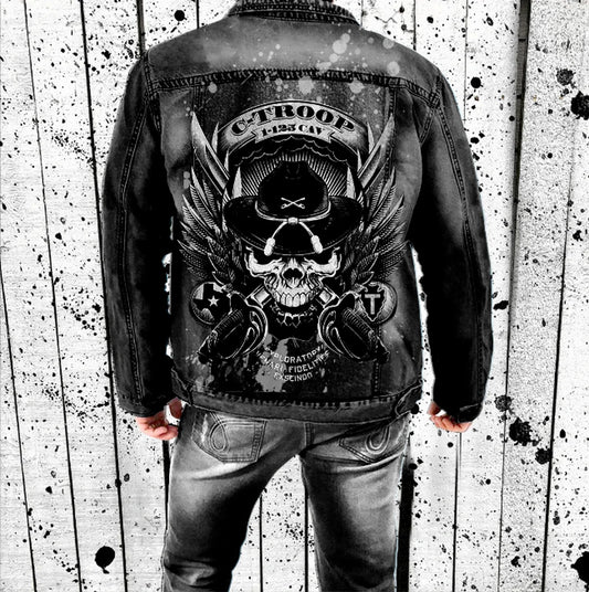 Men's Retro Black Assorted Printed Ripped Loose Streetwear Motorcycle Biker Hip-Hop Jean Jacket