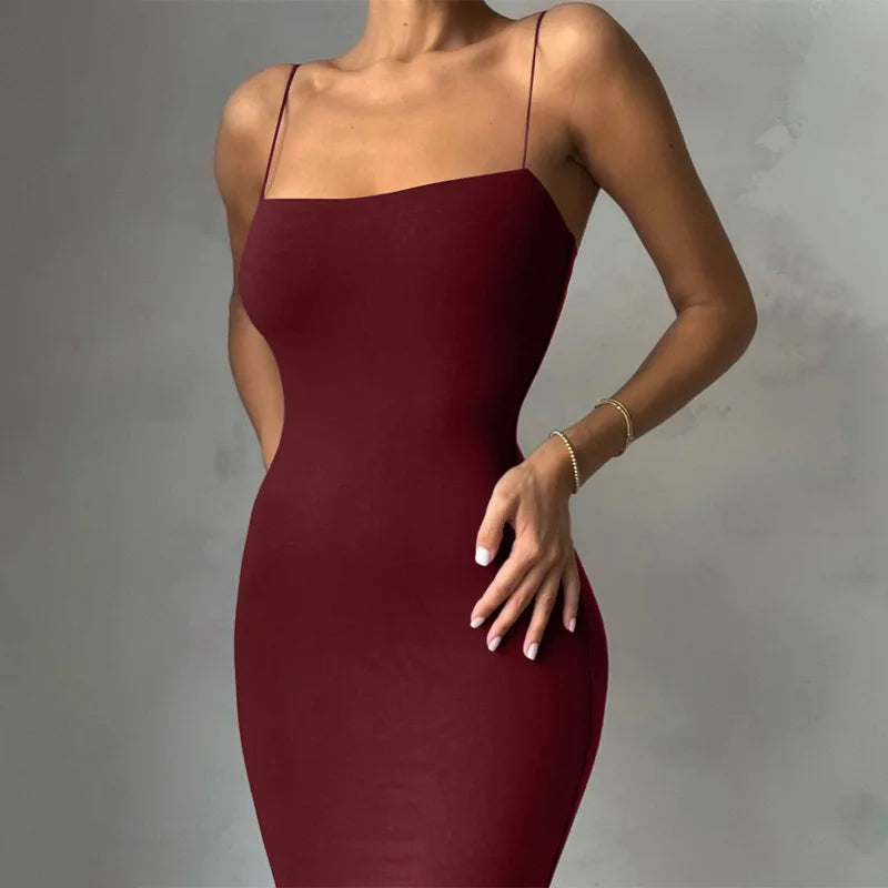 Solid Spaghetti Strap Midi Bodycon  Streetwear Maxi Dress