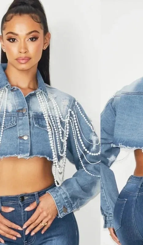 Denim Pearl Tassel Chain Embroidered Long Sleeve Women’s Turn-Down Collar Western Rodeo Jean Jacket OR Jeans-SOLD AS SEPERATES