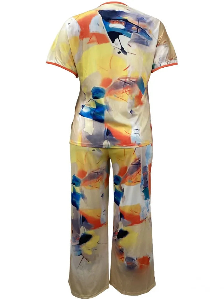 Geometric Satin Multi-Colored Short Sleeve Blouse + Loose Pants 2-Piece Set to 5X Plus Size