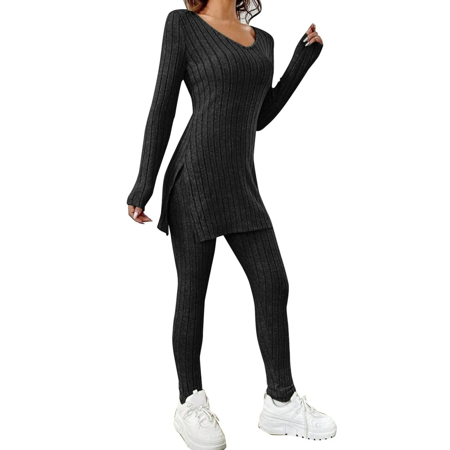 Ribbed Knitted Long Sleeve Women's Tunic Shirt + Leggings 2-Piece Set