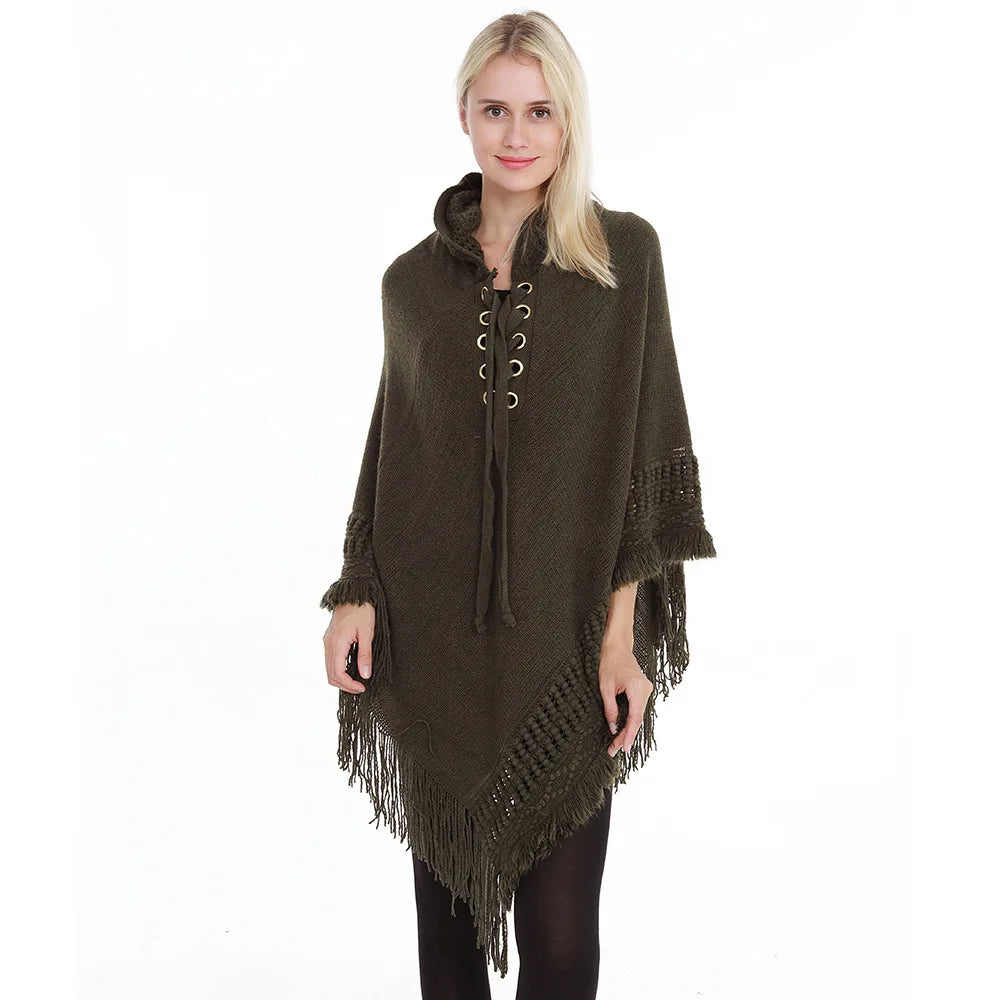 Fringe Tassel Women's Knitted Hooded Crochet Shawl Wrap Sweater