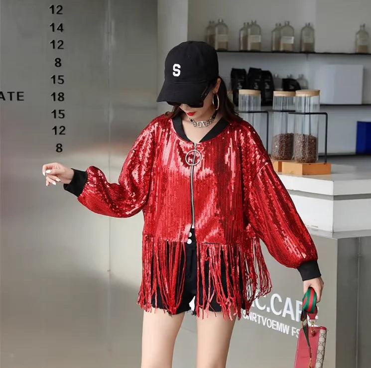Sparkling Sequin Long Sleeve Fringe Tassel Patchwork O-Neck Streetwear Hip-Hop  Women's Bomber Jacket