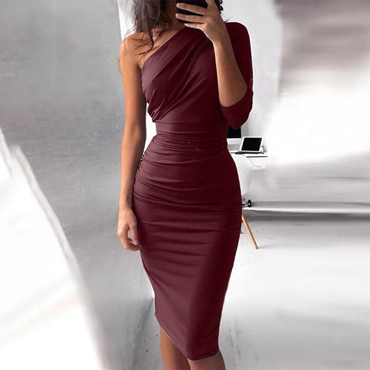 One-Shoulder Bodycon Slant Shoulder Open Back Slim Midi Dress