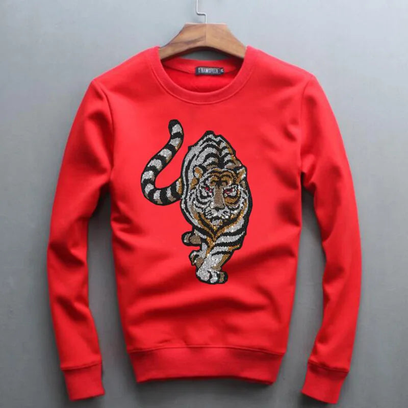 Men's Glitter Rhinestone Tiger/Crown O-Neck Long Sleeve Pullover Sweatshirt