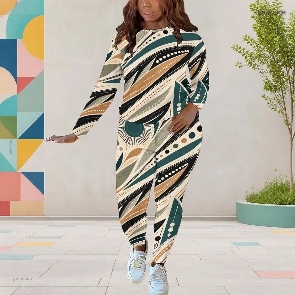 Wavy Swirl  Geometric Striped Abstract Printed O-Neck Long Sleeve Women's Top + Harem Pants 2-Piece Pants Set