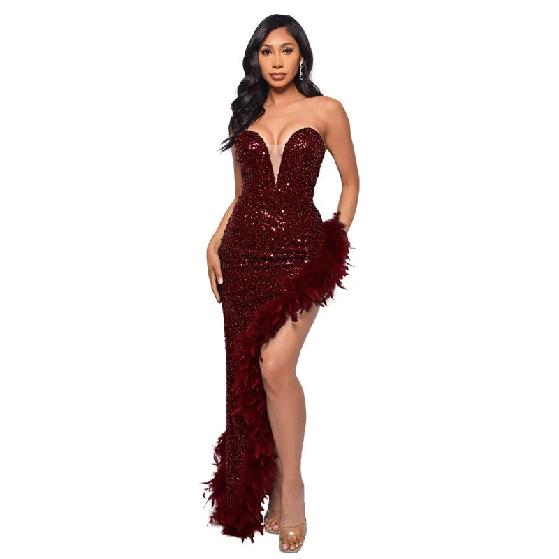 Tube Feather Hem Sparkling Crystal Sleeveless Backless High Side Slit Bodycon Formal Party/Prom Maxi Evening Dress