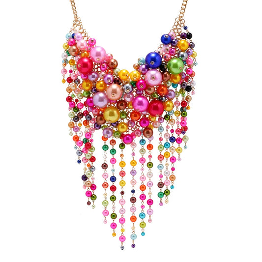 Handmade Exaggerated Multi Layer Pearl Pendant Top Beaded Tassel Necklace + Earrings 2-Piece Jewelry Set