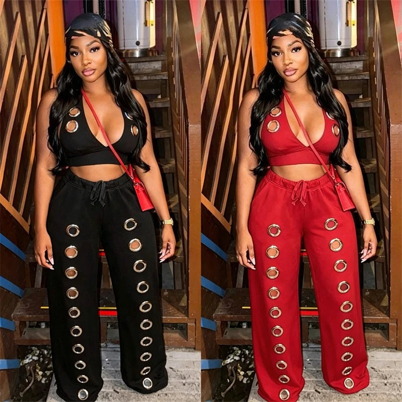 Ringlet Design Backless Hollow-Out Halter V-Neck Crop Top + Matching Pants Women's 2-Piece Set