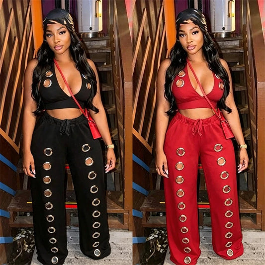 Ringlet Design Backless Hollow-Out Halter V-Neck Crop Top + Matching Pants Women's 2-Piece Set