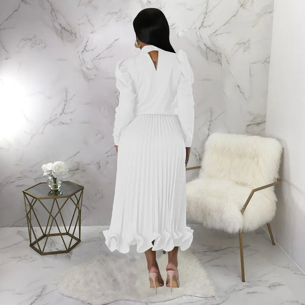 Women’s Solid Color O-Neck Lantern Sleeve Blouse + A-Line Flounce Formal Pleated Maxi Skirt w/ Sash Belt 2-Piece Set