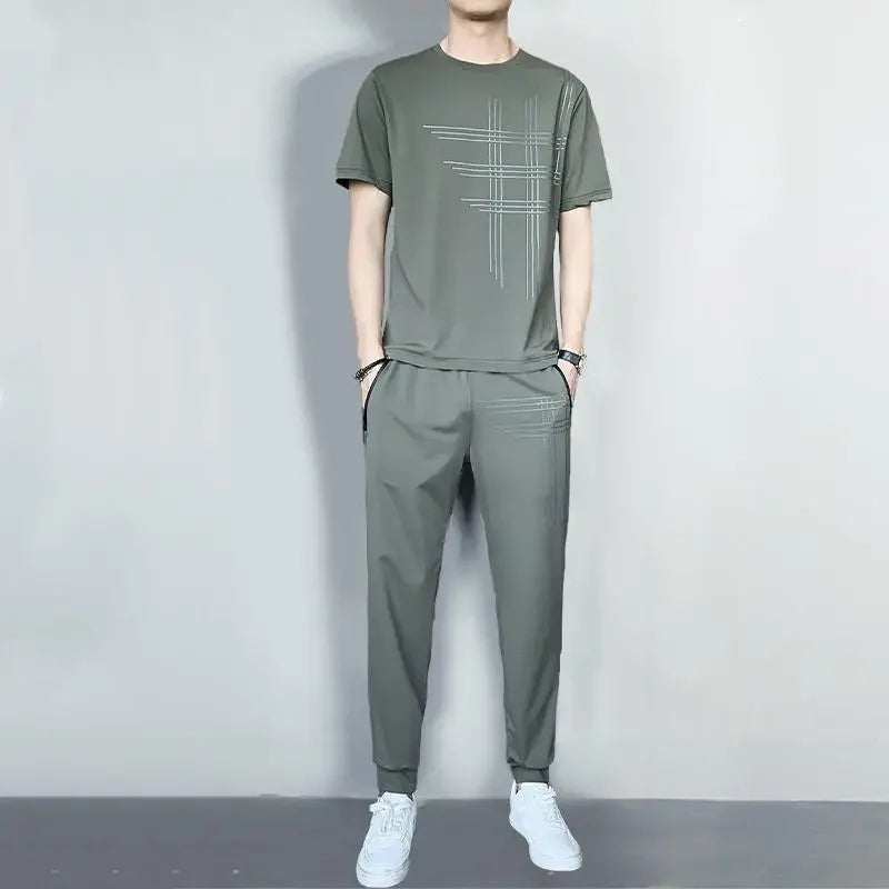 Solid Geometric Pattern Short Sleeve T-Shirt + Elastic Waist Pants Sets