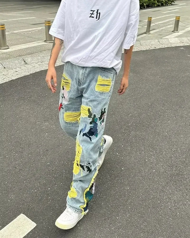 Streetwear Baggy Stacked Ripped Graphic Embroidered Hip Hop Jeans