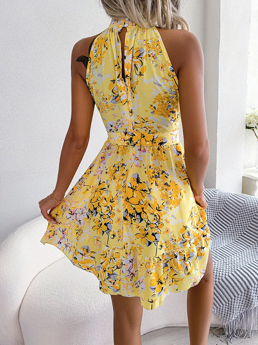 Floral Print Sleeveless Bandage Beach Halter Mini Dress w/ Sash Belt