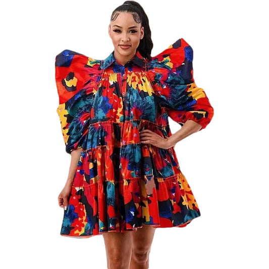 Pleated Oversized Printed Puff Sleeve Shirt Dress w/ Buttons Plus to 4X