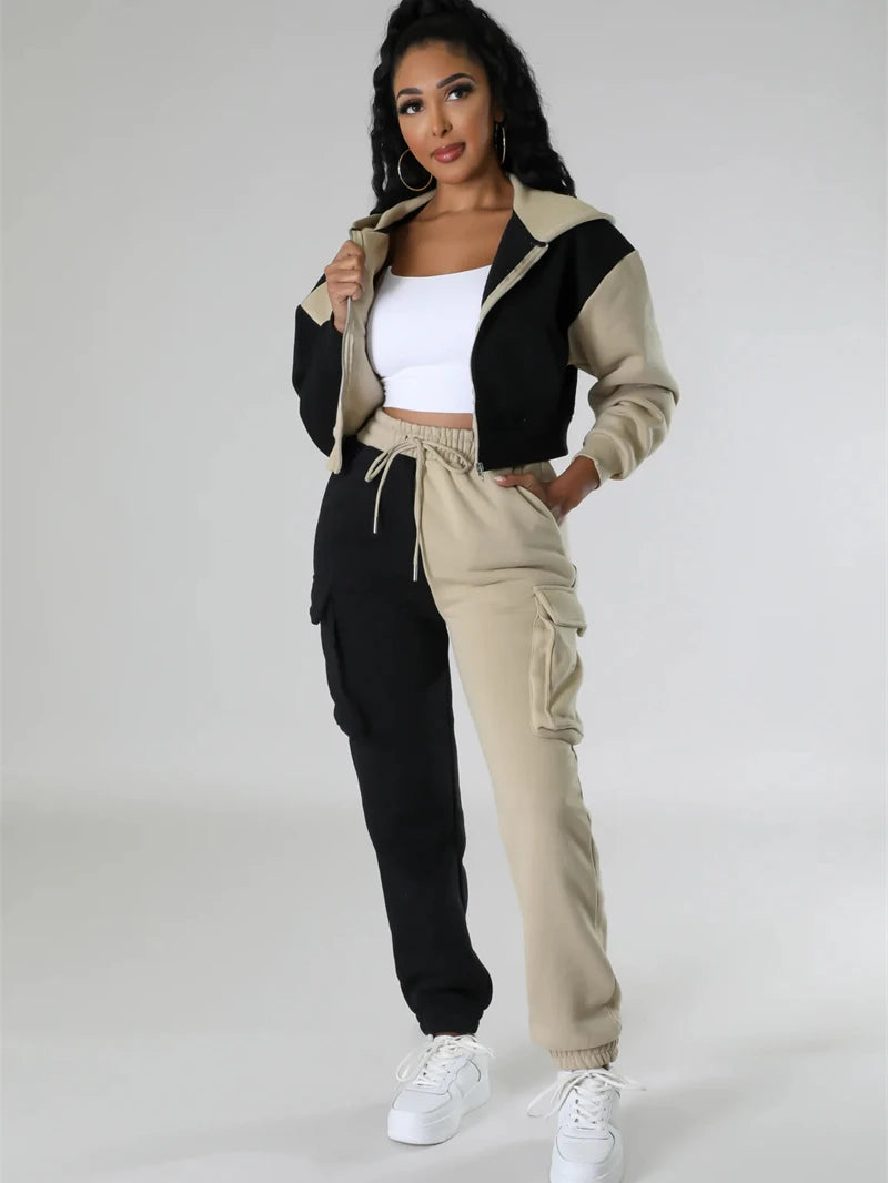 Fleece Colorblock Hoodie Zipper Jacket + Elastic Waist Sweatpants Women's Tracksuit