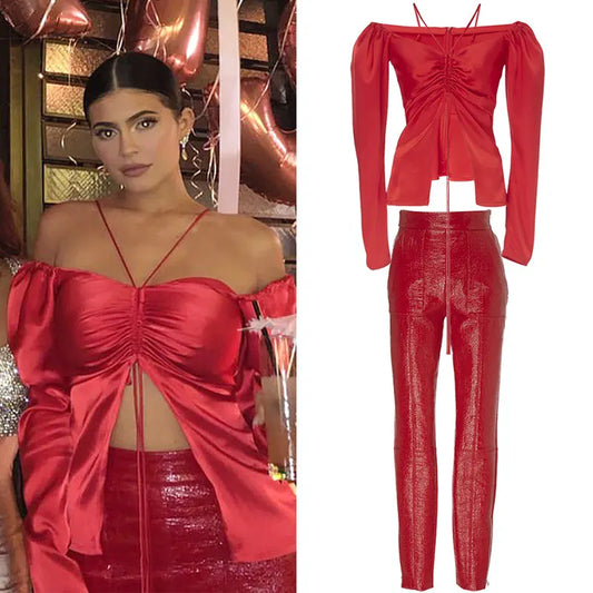 Red Satin Sling Off-the-Shoulder Crop Top + Faux Leather Stitching Pants 2-Piece Set