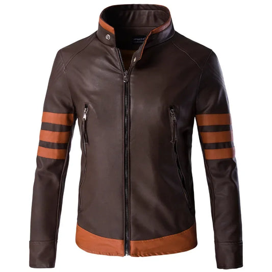 Men's Colorblock Side Striped Sleeve Zipper Casual PU Leather Bomber Jacket M-5X