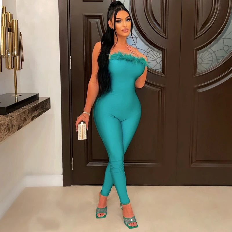 Feather Trim Solid Color Sleeveless Bodycon Bandage Tube Skinny  Women's Jumpsuit