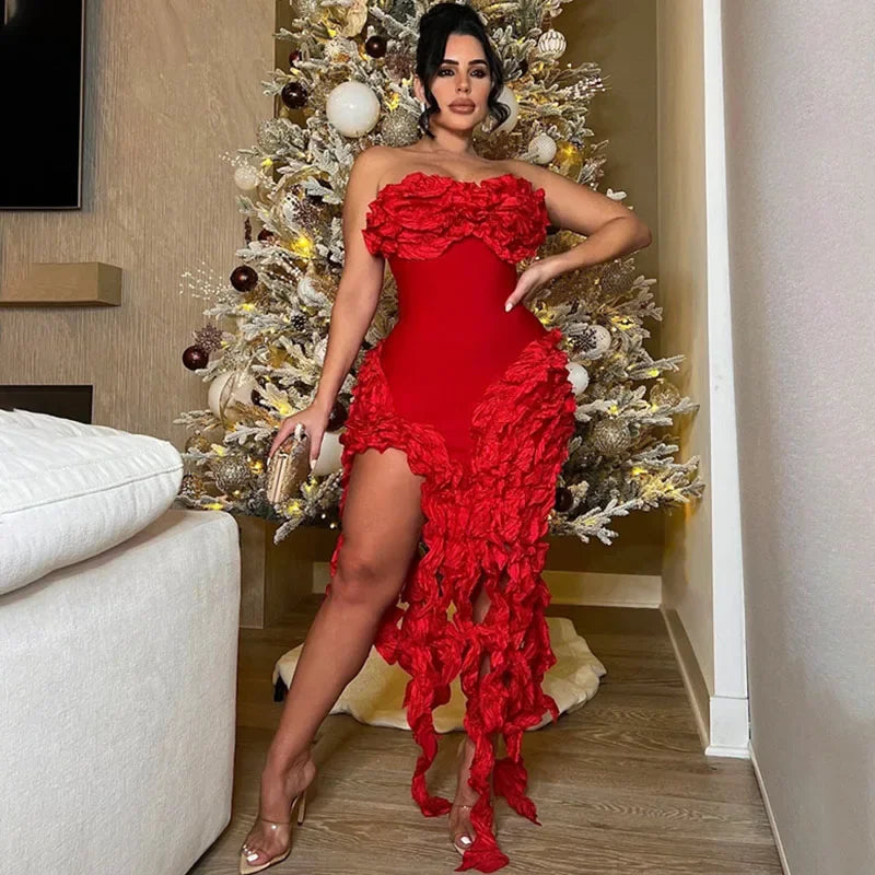 Sleeveless Floral Ruffled Tube Top Hanging Tassel Design Irregular Dress